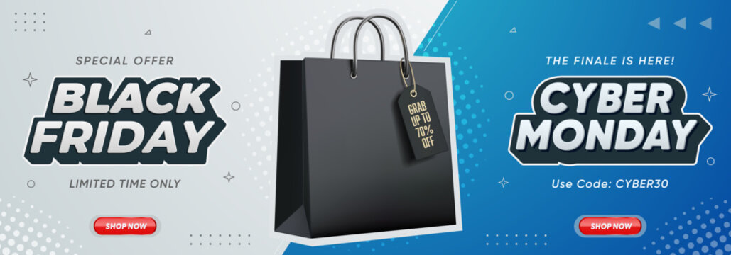 Black Friday and Cyber Monday banner featuring a black shopping bag