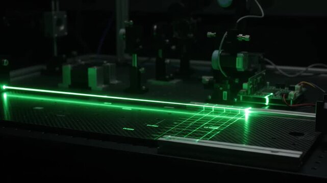 Glowing laser scanning line moving horizontally across frame