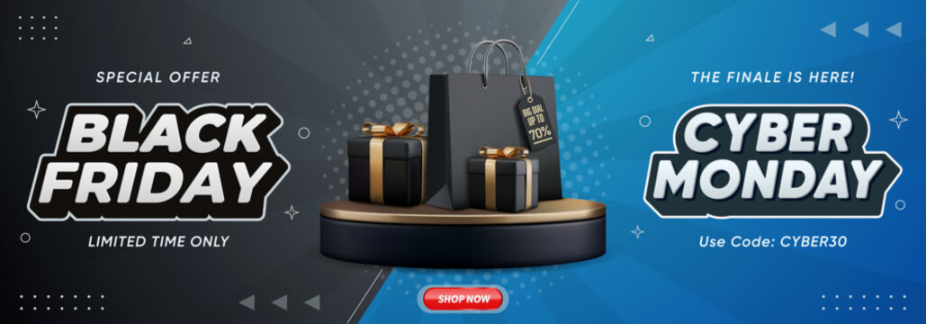 Black Friday and Cyber Monday banner with realistic gift boxes and shopping bag