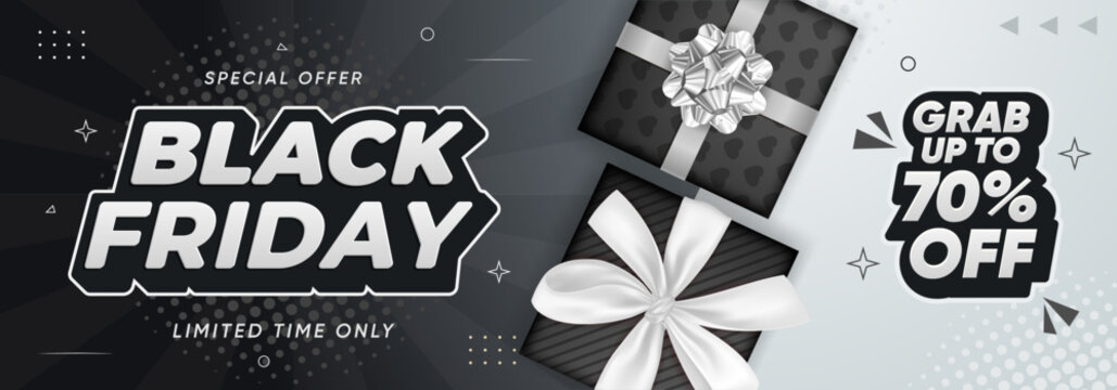 Black Friday sale web banner for seasonal discounts with realistic gift boxes