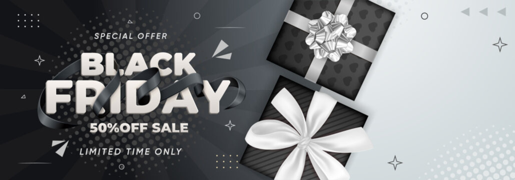 Black Friday banner featuring realistic black gift boxes