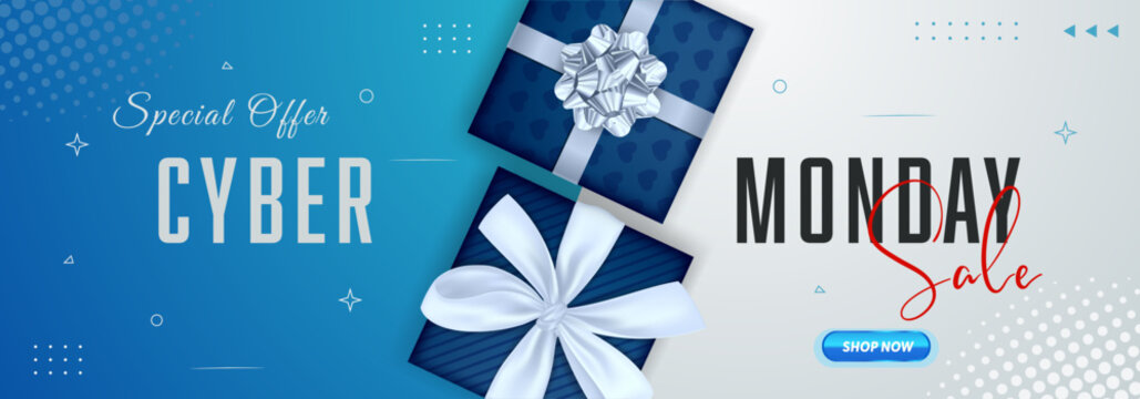 Cyber Monday horizontal banner with realistic gift boxes