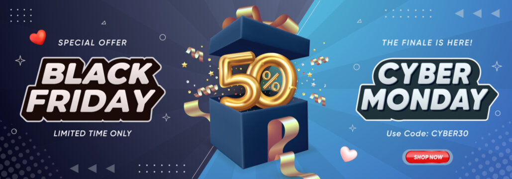Cyber Monday and Black Friday banner featuring open gift box with extra discount banner