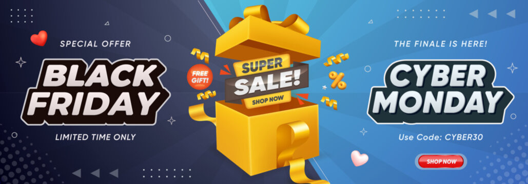 Cyber Monday and Black Friday banner featuring yellow gift box with super sale discount