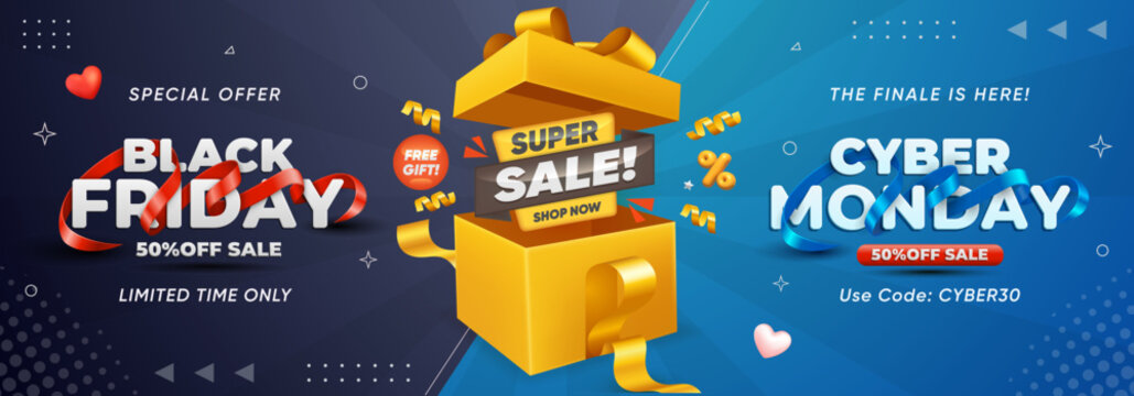 Black Friday and Cyber Monday banner with super sale gift box