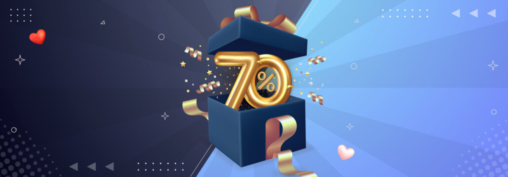 Horizontal banner featuring hot deals and massive discounts with 70% off and open gift box