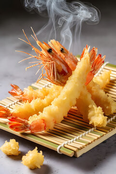 Freshly fried shrimp tempura,&rdquo;Ebi Ten" with steam rising