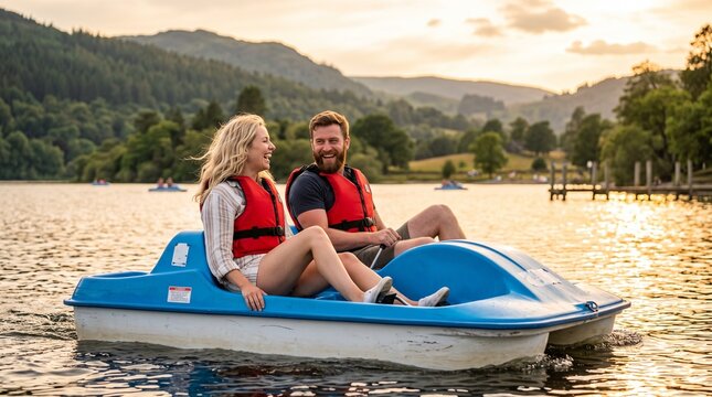 Commercial travel stock photo of a young couple wearing red life jackets enjoying a pedal boat ride on a sunny lake.