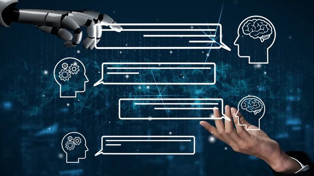 Futuristic Robot Hand Interacting with Human Hand and Digital Communication Symbols Representing AI and Human Thought Process. Entropy.