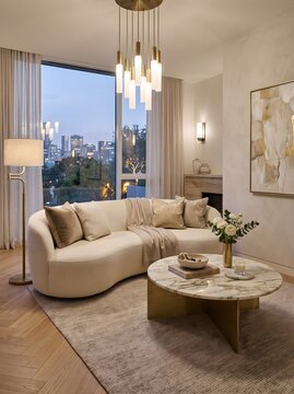 Elegant Modern Living Room Interior with Curved Beige Sofa and Marble Coffee Table overlooking City View