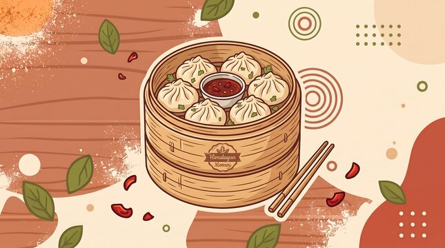A vector illustration depicts a steaming stack of momos with dipping sauce and scattered ingredients