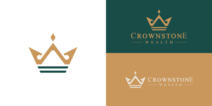 A geometric gold crown featuring interlocking, symmetrical lines and a central peak. It rests on two thick, dark green horizontal bands, which convey strength, perfect for a wealth management firm.