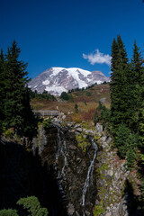 View of Mount Rainier and Myrtle Waterfall in fall foliage © Mackenzie