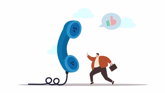 Businessman running towards a giant telephone with positive feedback thumbs up