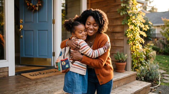 Mother hugging her daughter on the front porch after school with daughter affection parenting lifestyle backpack nurturing entrance childhood