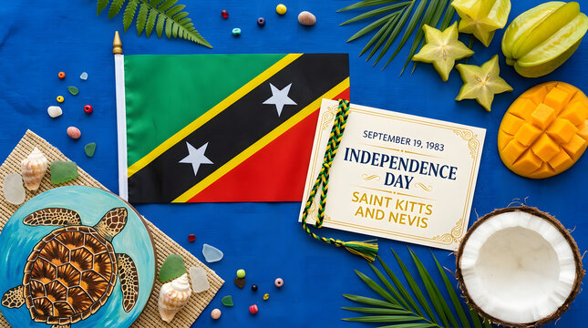 Saint Kitts and Nevis flag with independence day booklet, tropical fruits, and star decorations on blue background