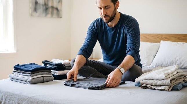 Man folding clean laundry while sitting on bed with daily routine t shirts home life lifestyle at home bedroom interior housework lifestyle