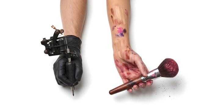 Tattoo artist holding tattoo machine and makeup artist holding powder brush with artist hands artistic work beauty industry body art skilled labor
