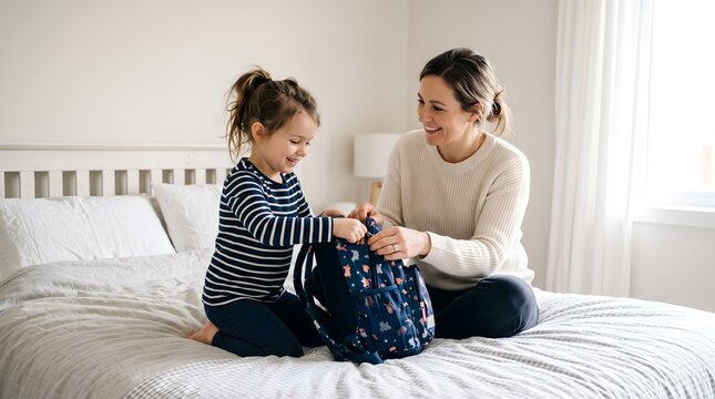 Mother and daughter packing a backpack on a bed in a bedroom with school supplies home life quality time morning routine parenting lifestyle