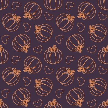 Seamless pattern of orange pumpkins and doodle-style hearts on a purple background.