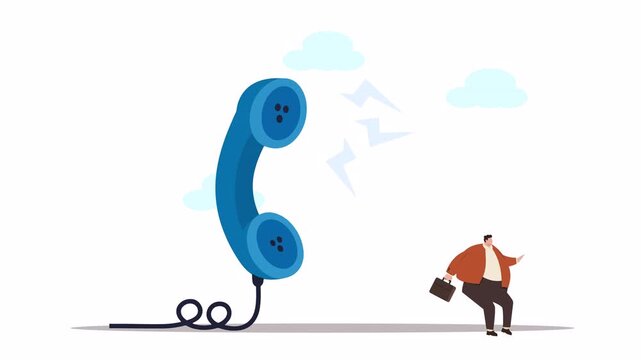 Businessman startled by giant ringing phone, symbolizing communication stress and overwhelming calls