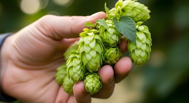 A persons hand holds fresh green hop cones from the plant