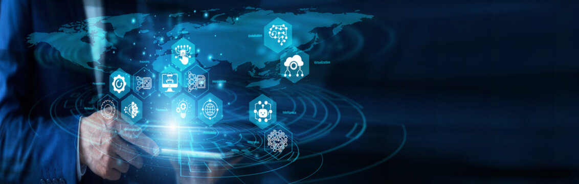 AI linguist working on tablet and touch screen for Natural Language Processing. Software engineer using smart device analyzing speech text algorithm data. Voice recognition tech.