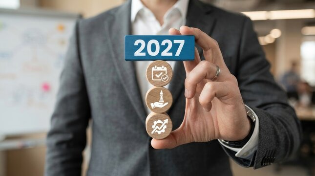 Businessman holding wooden blocks with 2027 and business icons representing planning, strategy, and growth for future goals 2027