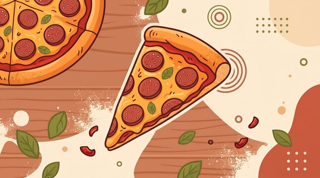 Two pizza slices with pepperoni and basil are depicted in a colorful vector illustration
