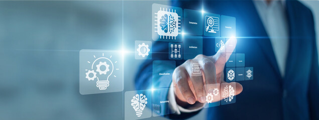 Obraz premium Machine Learning algorithm logic. Engineer hand touch virtual screen training Machine Learning models. Optimizing predictive outcomes and refining automated smart system decision capabilities daily.