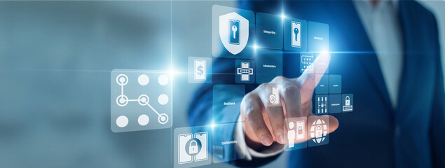 Obraz premium Mobile Security threat defense. Specialist hand touch virtual screen checking Mobile Security protocols. Blocking device intrusions and ensuring data privacy for remote users everywhere.