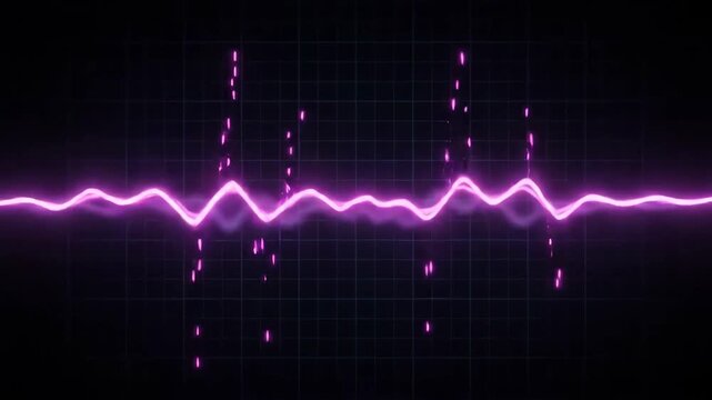 Glowing pink sound wave graphic equalizer audio frequency display on dark grid background