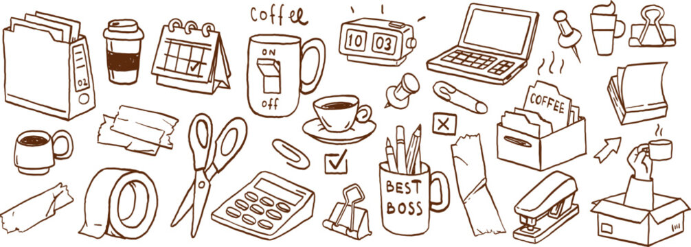 Hand drawn office supply doodle set with stationery and coffee items for business planning