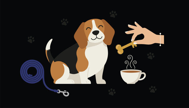 Cute cartoon beagle dog looking at a hand holding a bone shaped gold key next to a cup of hot coffee on black.