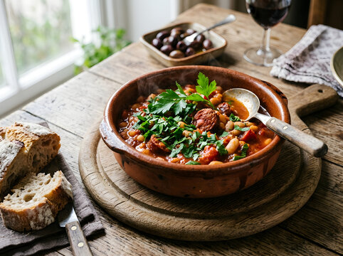 Spanish style bean and chorizo stew in a rustic clay bowl on a wooden board with spanish cuisine hearty meal stewed beans clay dish sausage stew traditional foo