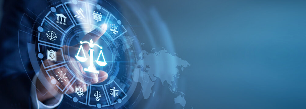 Law innovation. Lawyer hand touch virtual dashboard screen analyzing Legal Technology document compliance and contract workflow data. System safety, innovation and futuristic digital interface.