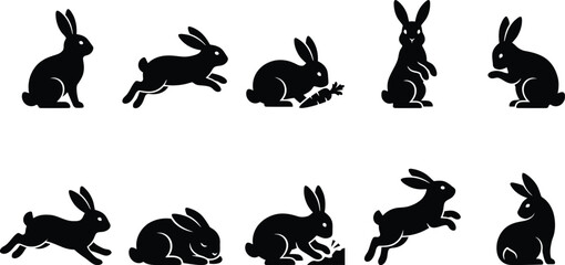 Fototapeta premium Rabbit silhouette vector collection, 10 black bunny icons in various poses, jumping and sitting hare set for Easter and nature designs