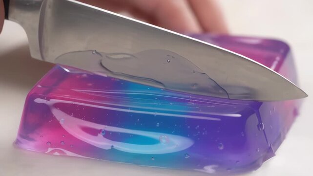 Close-up of a sharp kitchen knife cutting through a translucent colorful gelatin dessert block on a table