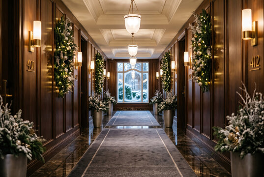 Christmas hotel hallway with floral garland, warm lighting, polished wood paneling, and snowy window view creating elegant festive atmosphere.