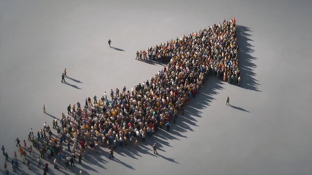 Aerial view of a colorful crowd forming a winding S-curve arrow path bending to the right on plain gray ground, small groups of solitary figures scattered across open space