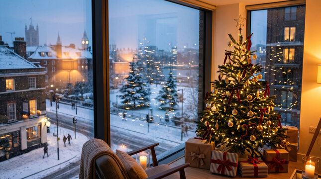 Winter city apartment view with decorated Christmas tree, warm lights, snow covered street and festive gifts creating cozy evening mood.