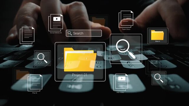 Businessman working on a project with digital interface showing folders and search icons on a modern keyboard in a creative workspace Gluon.
