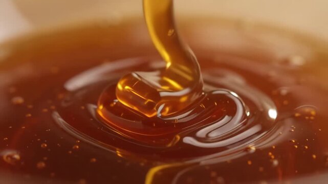Golden liquid honey pouring down in a smooth and rich stream, creating delicious ripples and swirling patterns