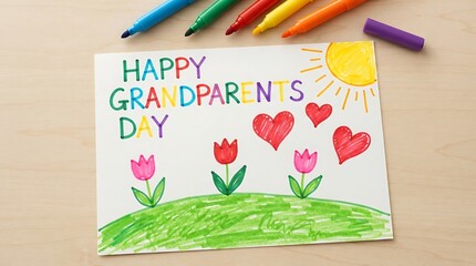 A handmade greeting card for grandparents day with colorful markers on a wooden table surface with decorated colorful drawings © EtiAfrose