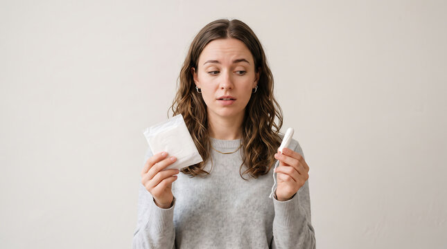 young woman deciding between menstrual pad and tampon
