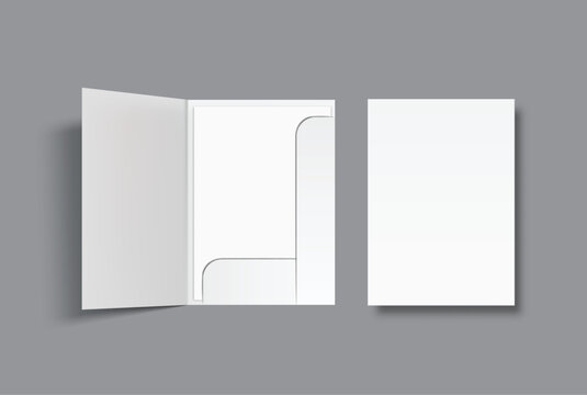 A4 Size Pocket folder mockup featuring open and white paper presentation folders on background, with clean blank surfaces for showcasing branding, stationery, presentation document, and print designs.
