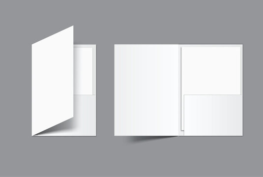A4 Size Pocket folder mockup featuring open and white paper presentation folders on background, with clean blank surfaces for showcasing branding, stationery, presentation document, and print designs.