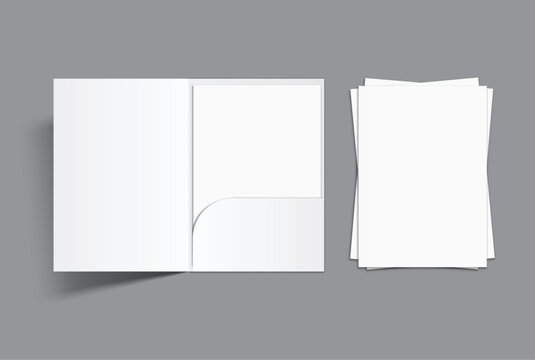 A4 Size Pocket folder mockup featuring open and white paper presentation folders on background, with clean blank surfaces for showcasing branding, stationery, presentation document, and print designs.