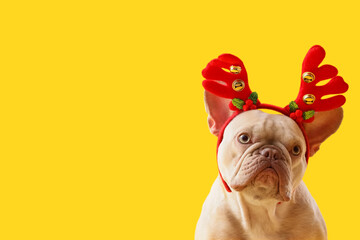 Christmas holiday celebration, French bulldog wearing reindeer antlers headband on yellow background for seasonal marketing and pet greeting cards © Pixel-Shot