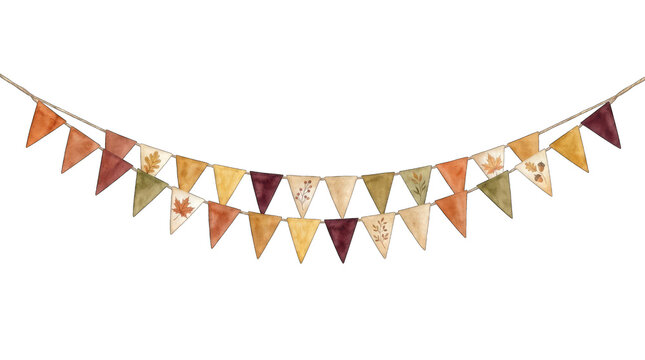 Autumn bunting flags hanging on a string for fall parties isolated on transparent background